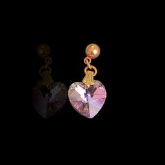 Vintage Heliotrope Faceted Heart Glass Dangle Drop Stud Earrings Gold Plated