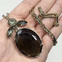 Vintage Silver Tone Faceted Smoky Gray Oval Austrian Crystal Pendant Chain 23”