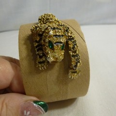 Vtg Articulated Green Eyed Tiger Bracelet Gold Tone Pave Rhinestones Blk Enamel
