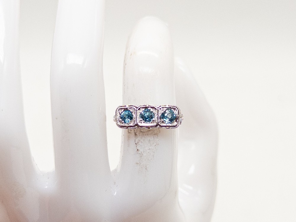 Antique 1920s $3000 1.50ct Natural 3 Blue Zircon 18k White Gold Filigree Ring