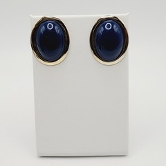 Modernist Navy Blue Slight Dome Lucite Oval Polished Gold Tone Pierced Earrings