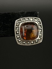Vintage Sterling 925 Baltic Amber Small Marcasite Square Shape Earrings