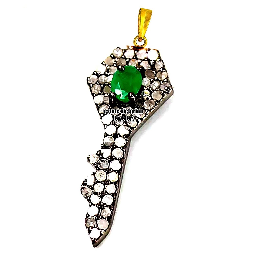 Gorgeous 1.07ctw Rose Cut Diamond Emerald Silver Victorian Key Pendant Jewelry