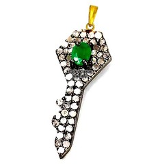 Gorgeous 1.07ctw Rose Cut Diamond Emerald Silver Victorian Key Pendant Jewelry