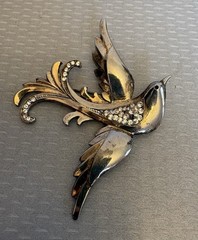 1940s Retro Vintage Sterling Gold Vermeil Rhinestone Bird Brooch 30g READ
