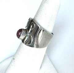 Vintage 925 Sterling Silver Wide Band Ring Pink Cabochon Star Sz 5.5