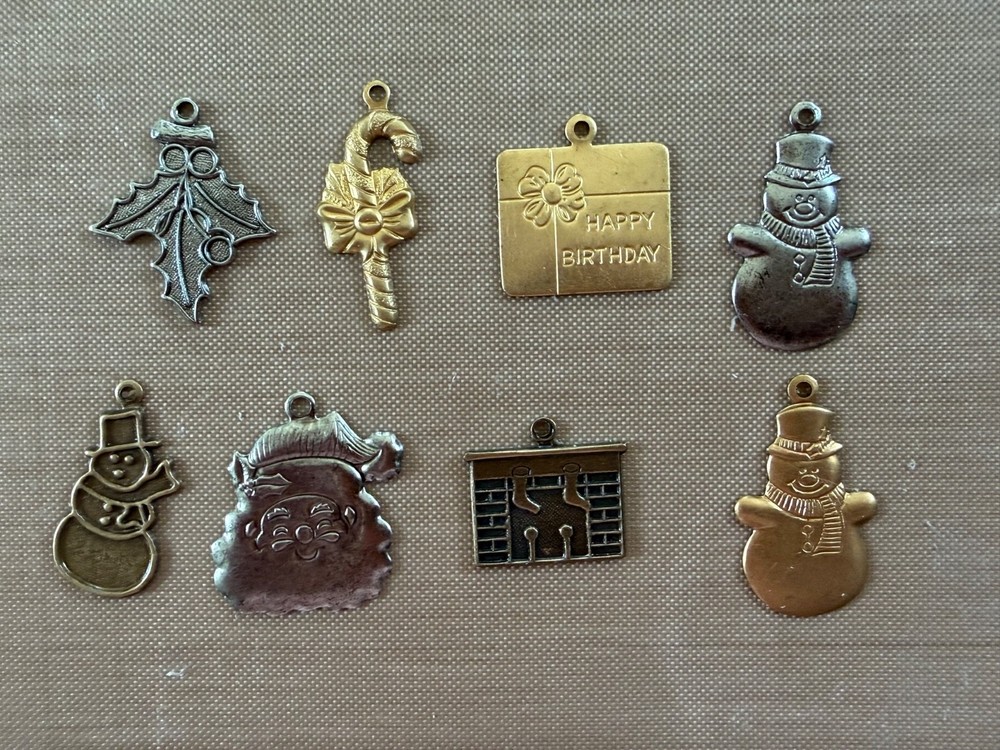Vintage NOS Brass Christmas Charm Set 8 Pc Santa Snowman Fireplace Gift Mistleto