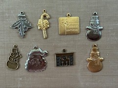 Vintage NOS Brass Christmas Charm Set 8 Pc Santa Snowman Fireplace Gift Mistleto
