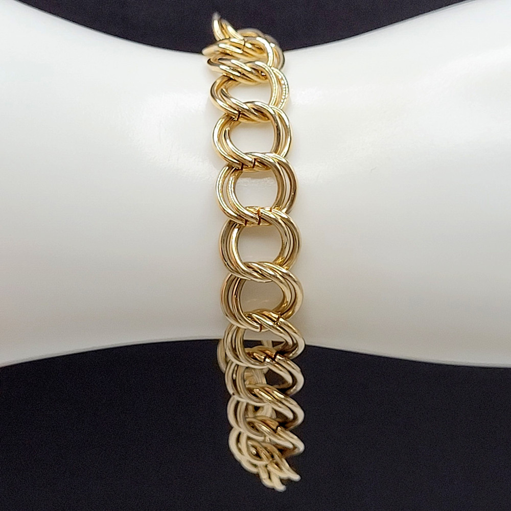 Fancy Double Circular Link Fancy Curb Shiny Gold Tone Vintage Chain Bracelet