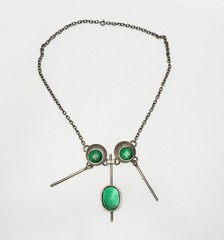 Mid century modern silver plated metal green enamel vintage necklace