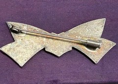 Art Deco Bow Silvertone Clear Rhinestones Enamel Antique Trombone Clasp Brooch