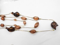 Triple Gold Tone Metal Chain Brown Glass Acrylic Beaded Necklace Vintage