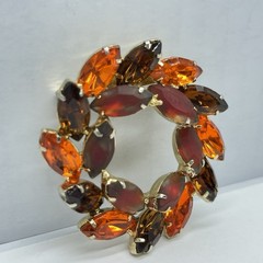 Rhinestone Wreath Brooch Marquise Frosted Red Amber Orange Gold‑Tone Mid‑Century