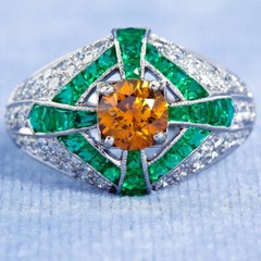 Fancy Vivid Orange Yellow Citrine, French Cut Emerald & White CZ Art Deco Ring