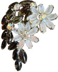 Vintage Black Diamond, Frosted Glass & AB Rhinestone Silver Tone Flower Brooch