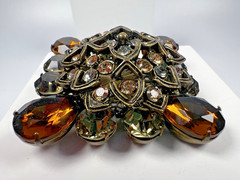 Vintage Unsigned RJ Graziano Smokey Rhinestone Bronze Color Brooch WOW