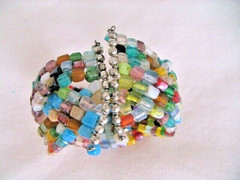 Vintage Multicolor Glass Bead Wrap Cuff Bracelet Fits All 1.5″ Wide