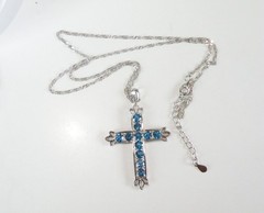 Vintage Sterling Silver 925 Heated London Blue Topaz Cross Pendant Necklace