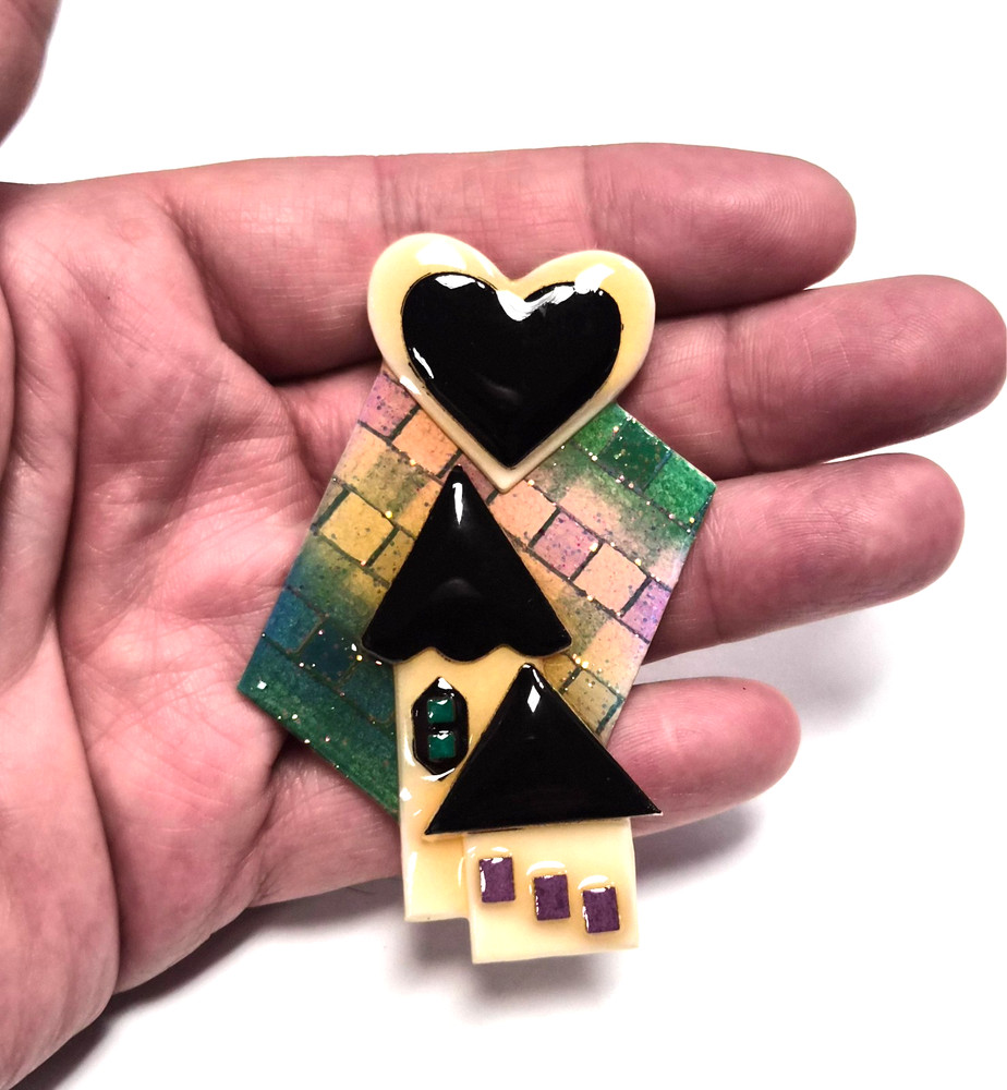 Vintage House Pins by Lucinda Black & White Home & Heart in Sky Pin / Brooch