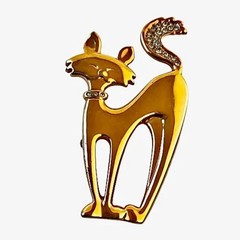 Cat Pin Brooch Mod Sophisticated Kitty Gold Tone & Rhinestone Collar & Tail