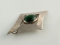 Vintage Signed Artisan Sterling Silver Green Nephrite Cabochon Pendant 13g 2.5In