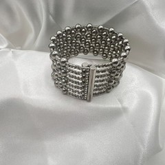 Vintage 90s Silver Tone Multi Row Bead Clear Glass Wide Cuff Statement Bracelet