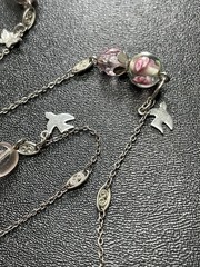 Vintage 48” Pink Floral Glass MOP Beads Butterfly Bird Charm Chain Necklace