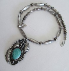 VINTAGE NAVAJO STERLING PENDANT & BENCH BEAD NECKLACE, 2 1/8 IN, 19″ NECKLACE RT