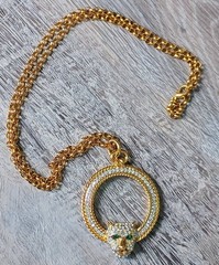 Vintage Jackie Collins Crystal Panther Magnifying Glass Pendant Chain Necklace