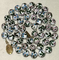 Vintage Cloisonné Enamel Beaded Necklace White Floral Hand Knotted 24” 1960s MCM