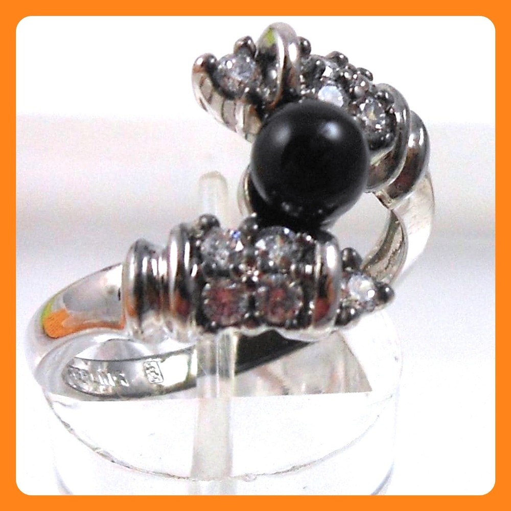 Vintage 90s Black Onyx Bead Bypass Ring 925 Sterling Silver CZ Size 8 15mm Wide