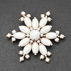 Vintage Milk Glass Brooch Gold Tone White Snowflake Mid Century Domed Large 2.5″