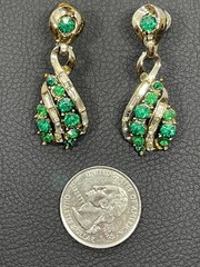 Coro Iconic MCM Channel Set Baguette Green White Rhinestone Screw back Earrings
