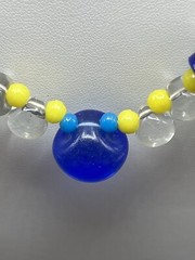 Vintage Antique Necklace Hand Knotted Clear Blue & Yellow Glass Beads #595