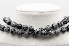 Vintage Snowflake Obsidian Bead Necklace Long Knotted Black Gray Stone Strand