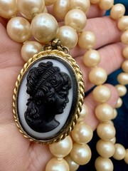 Vintage Double Strand Faux Pearl Cameo Necklace Black White Resin Cameo