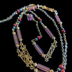 Casual Corner Purple Glass Bar Filigree Station Chain Necklace 32in Gold Tone