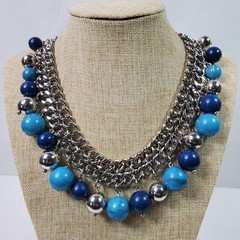 Casual Career Statement Meshed Chain Necklace 18 Inch Silver Tone w/ Blue Beads