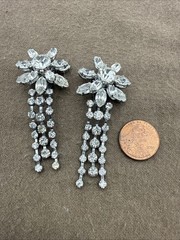 Vintage Clear Layered Rhinestone Dangle Drop Clip on Earrings Flowers