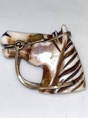 Vintage Horse Head Equestrian Pendant Carved Mother Of Pearl/Ivory/Elk Ant Brass