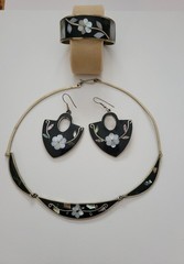 Vintage Mexico Alpaca Silver Inlay Cuff Necklace & Earrings Set Southwest