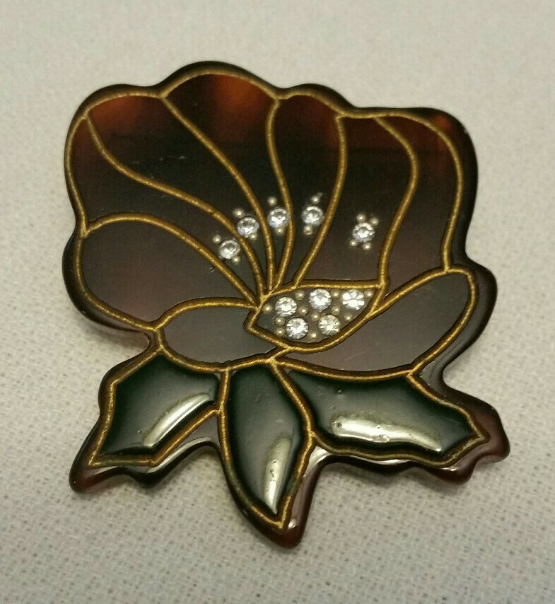 Vintage Man Made Tortoise Shell, Lucite (plastic) Enamel & Rhinestone Pin Brooch