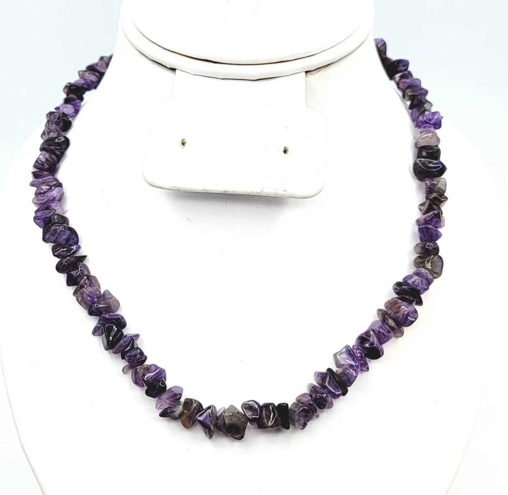Amethyst Vintage Boho Necklace Irregular Raw Purple Gemstone Chips Hand Made 17″