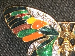 Butterfly Brooch 2 Inches Wide Gold Tone Metal ORANGE YELLOW BLUE GREEN IN WINGS