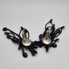 Vtg Black Bead Cha Cha Dangle Clip On Shoulder Duster Earrings Statement 3.25″
