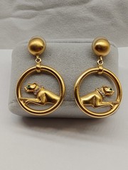 Vintage 80s Jackie Collins Gold Tone Green Eyes Panther Drop Pierced Earrings