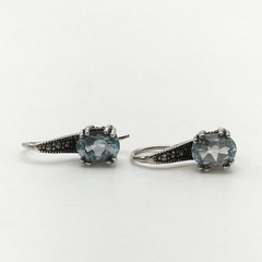 Vintage Sterling Silver 925 Oval Blue Topaz & Marcasite Hook Dangle Earrings