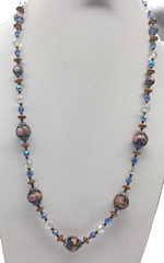 Blue Clear AB Crystal FLoral Art Glass Beaded 30 Inch Necklace Vintage