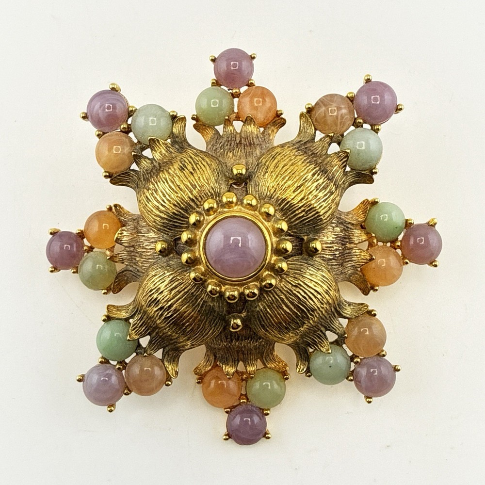 Joan Rivers Brooch Maltese Cross Pin Imitation Jade Statement 3″ Cabochon Pastel
