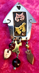 Vtg Far Fetched Dog Cat in A House Pin Sterling Silver Mixed Metals 3-D Mexico